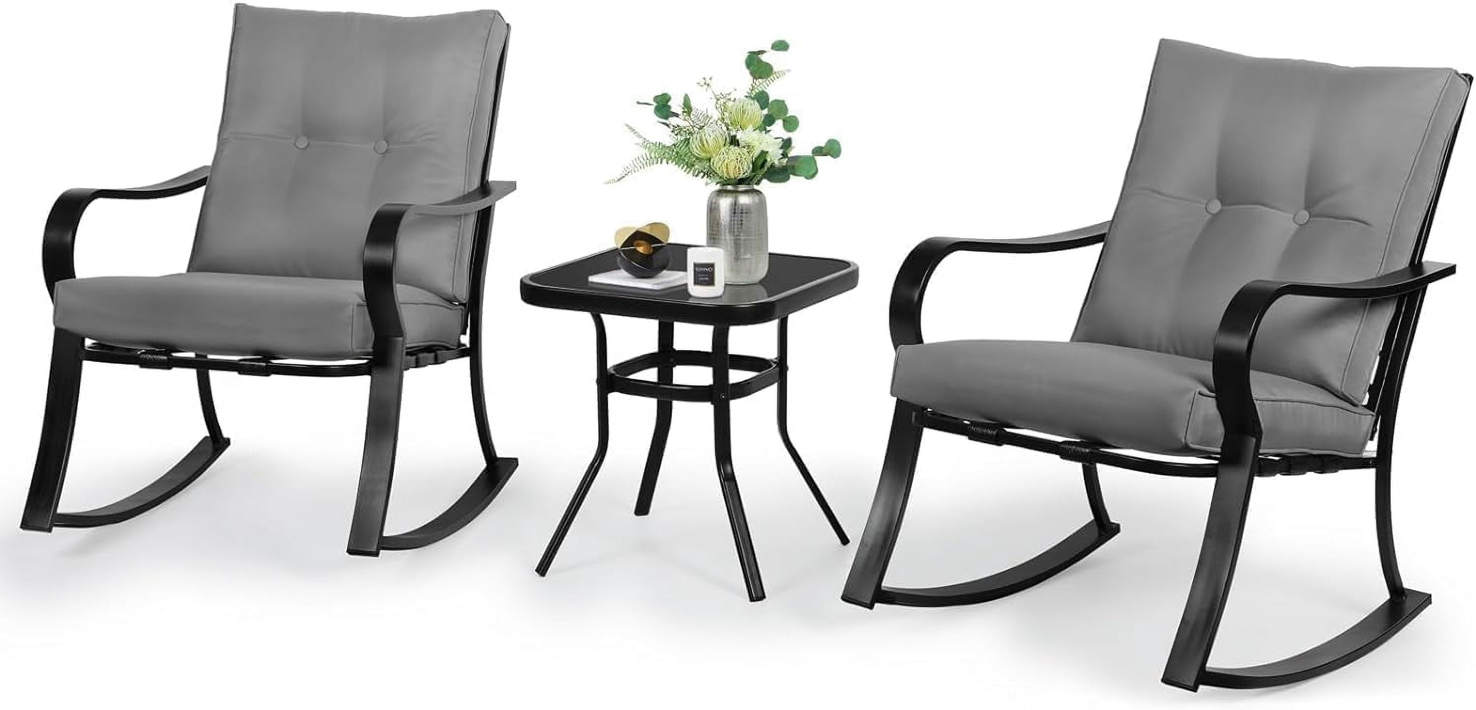 SUNCROWN 3-Piece Outdoor Patio Bistro Set Black Metal Rocking Chairs and Table with Gray Cushions