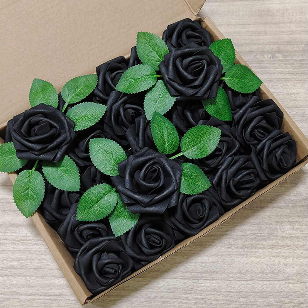 25pcs Artificial Flowers Black Foam Rose Bulk with Stems for DIY