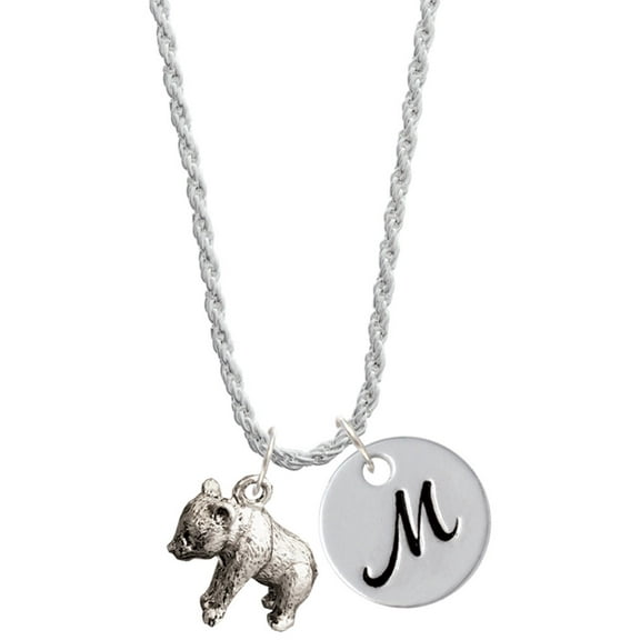 Delight Jewelry Silvertone Panda Bear Standing Silvertone Script Initial Disc - M - Charm Necklace, 20" 3"