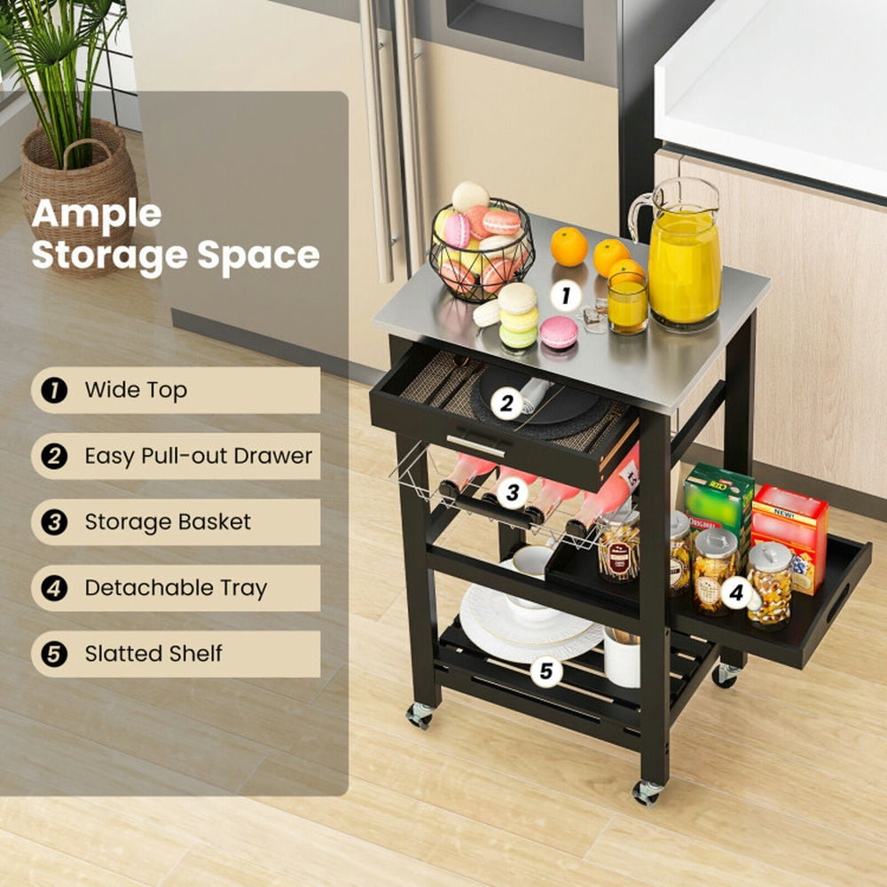 Finihen Rolling Cart, Kitchen Island Cart, Kitchen Island Cart with Stainless Steel Tabletop and Basket, for Kitchen, Dining Room, Black Finihen Rolling Cart, Kitchen Island Cart, Kitchen Island Cart with Stainless Steel Tabletop and Basket, for Kitchen, Dining Room, Black