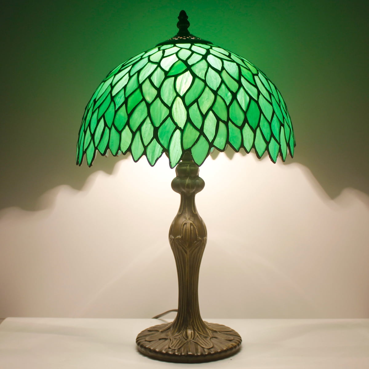 Tiffany Style Table Lamp Reading Light Green Wisteria Stained Glass Shade W12H18 Inch Tall S523 WERFACTORY LAMPS Lover Parent Kid Living Room Office Bedroom Bedside Desk Antique Zinc Base Crafts Gifts