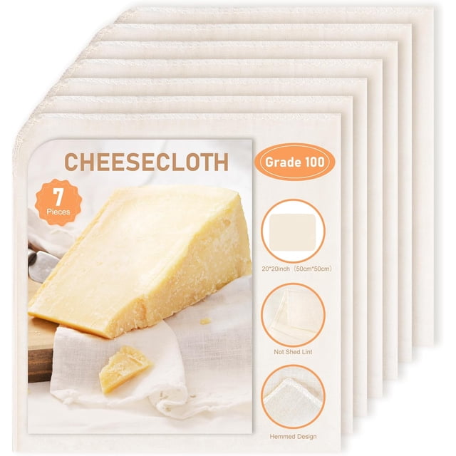 7 Pcs Reusable Cheese Cloths for Straining, 20x20 Inch Hemmed Cheese Cloth Bag for Straining, 100% Unbleached Cotton Cheesecloth for Cooking, Baking, Juicing, Cheese Making, Grade 100, Precut