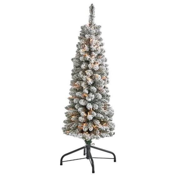 4 ft. Flocked Pencil Artificial Christmas Tree with 100 Clear Lights & 216 Bendable Branches
