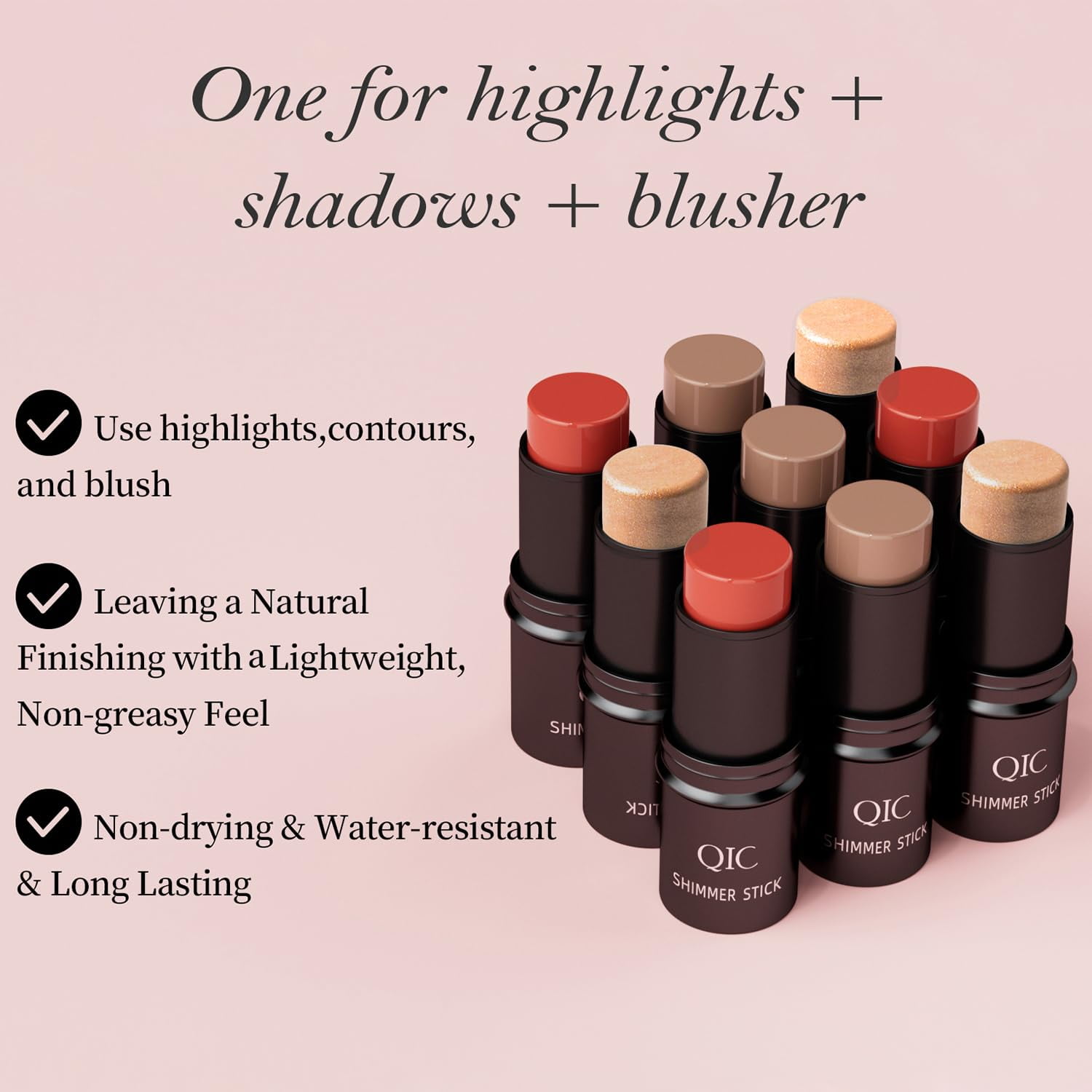 Wiher 3Pcs Cream Contour Stick Makeup Kit,Shades with Highlighter Stick,Blush Stick and Bronzer Contour Stick for Sculpt the Cheeks,Long Lasting,Waterproof,Matte & Dewy Finish (with Contour Brush)