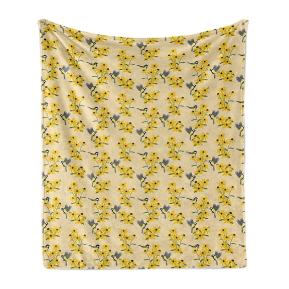 Yellow Bird Soft Flannel Fleece Throw Blanket, Continuous Pattern of Avian Animal and Rudbeckia Flowers Print, Cozy Plush for Indoor and Outdoor Use, 50" x 70", Beige and Multicolor, by Ambesonne