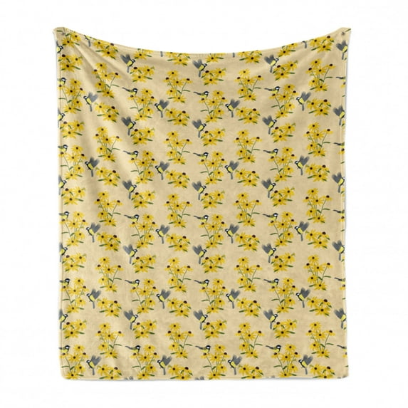 Yellow Bird Soft Flannel Fleece Throw Blanket, Continuous Pattern of Avian Animal and Rudbeckia Flowers Print, Cozy Plush for Indoor and Outdoor Use, 60" x 80", Beige and Multicolor, by Ambesonne