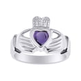 thumbnail image 1 of RYLOS Rings Sterling Silver Claddah Love, Loyalty & Friendship Heart 6MM Gem Irish Wedding Band Claddagh Rings February Amethyst Jewelry Size 10, 1 of 7