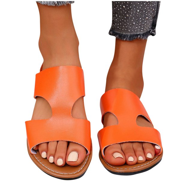 Flat Sandals for Women Slide Side Cutout Open Toe Solid Color Leather Shoe Upper Non Slip Breathable Beach Summer Slide Sandals Orange