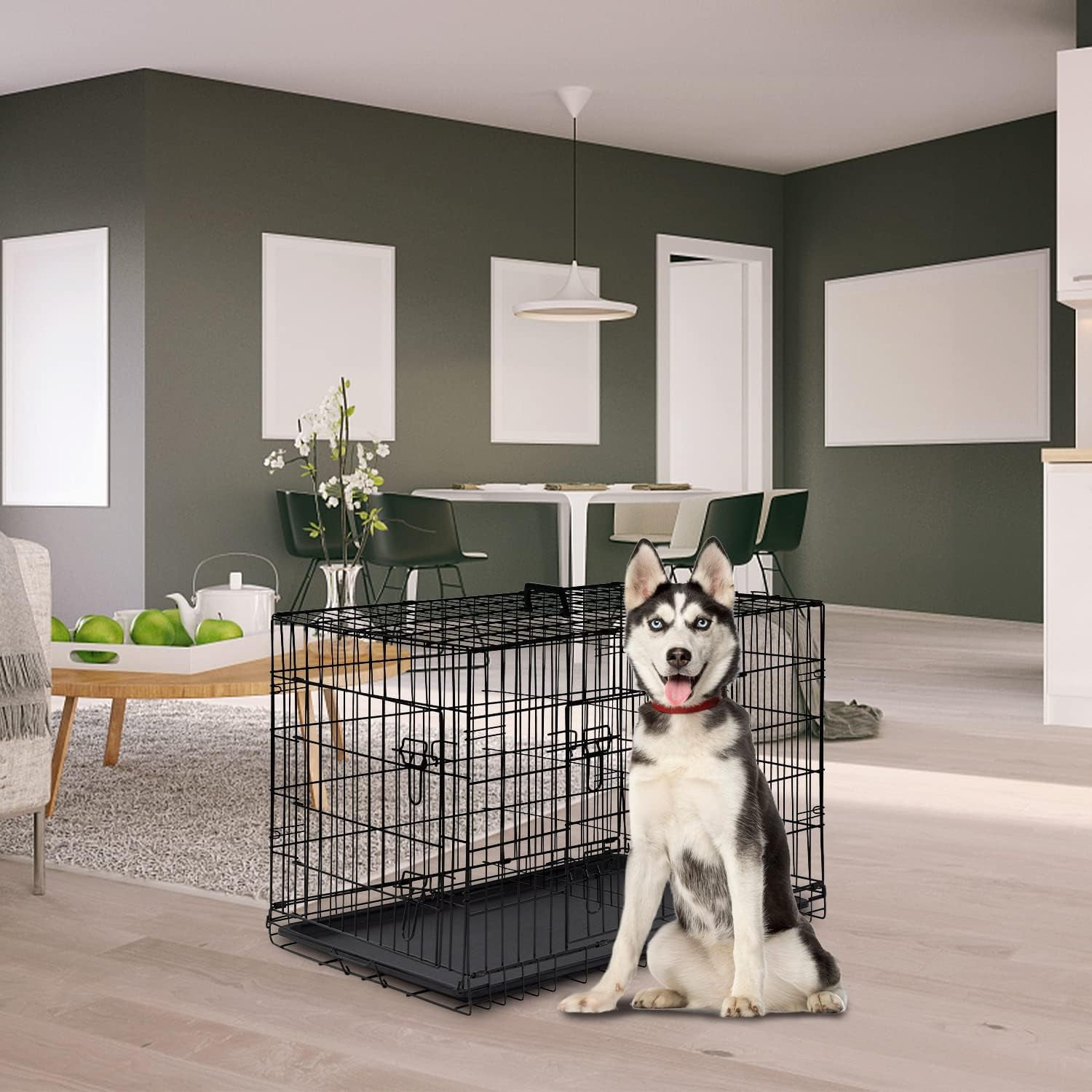 42 Inch Dog Crate for Large Dogs Folding Metal Wire Pet Cage Double Door with Divider Panel Indoor Outdoor Kennel Leak Proof Plastic Tray Black
