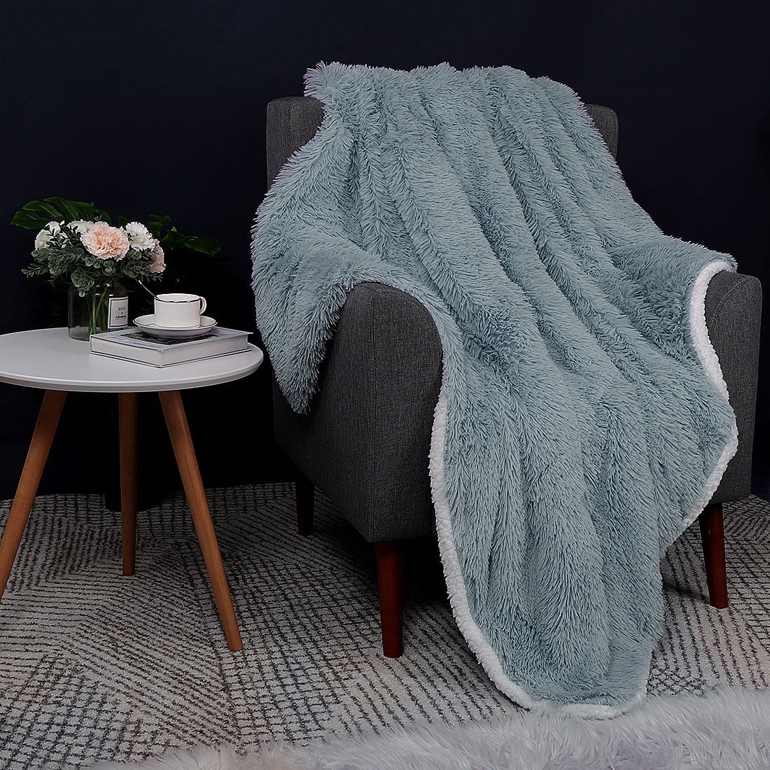 Unique Bargains Shaggy Faux Fur Soft Sherpa Blanket Cadet Grey Throw(50" x 60")