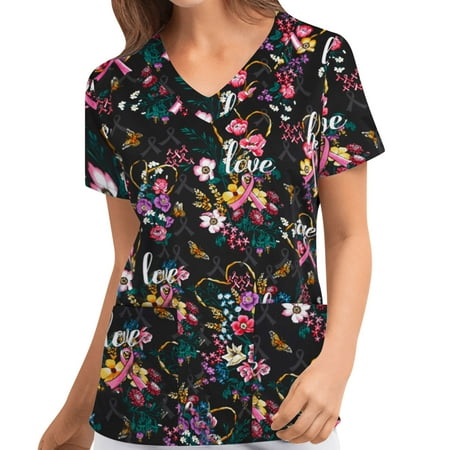 

purcolt Plus Size Tops for Women Women s Pink Ribbon Breast Cancer Awareness T-Shirts Butterfly Print Short Sleeve Scrubs Nurse Uniform Workwear Casual Comfy Blouse with Pocket