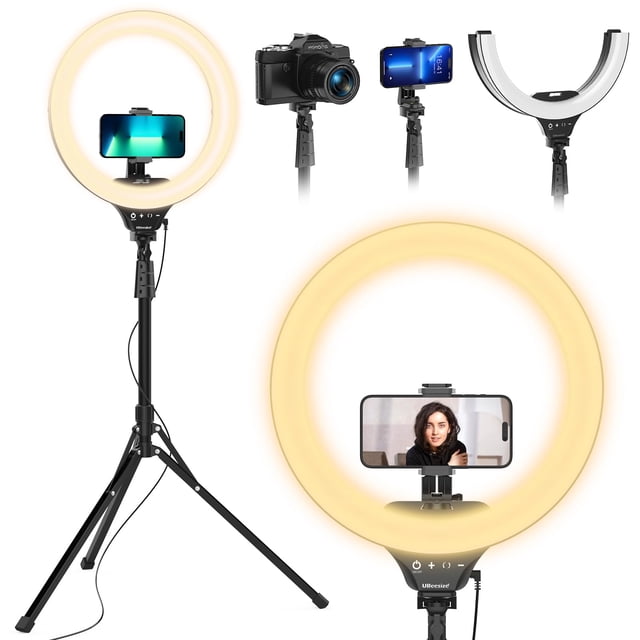 UBeesize Anillo de luz plegable de 14 pulgadas con soporte para trípode de 62 pulgadas y soporte para teléfono, anillo de luz LED para selfies para iPhone con control remoto, luz circular para Tiktok/