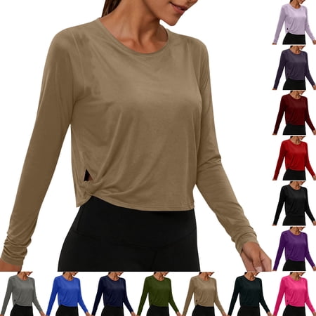 longantii Workout Shirts Women Summer Long Sleeve Solid Color Yoga Dance Tops Open Back Athletic Clothes 2026 Khaki XL