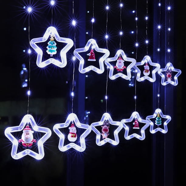 Luces de cortina para interior, luz colgante para ventana, anillo de 10 estrellas con adornos navideños, Control remoto USB, decoraciones de luces de ventana de 9,8 pies