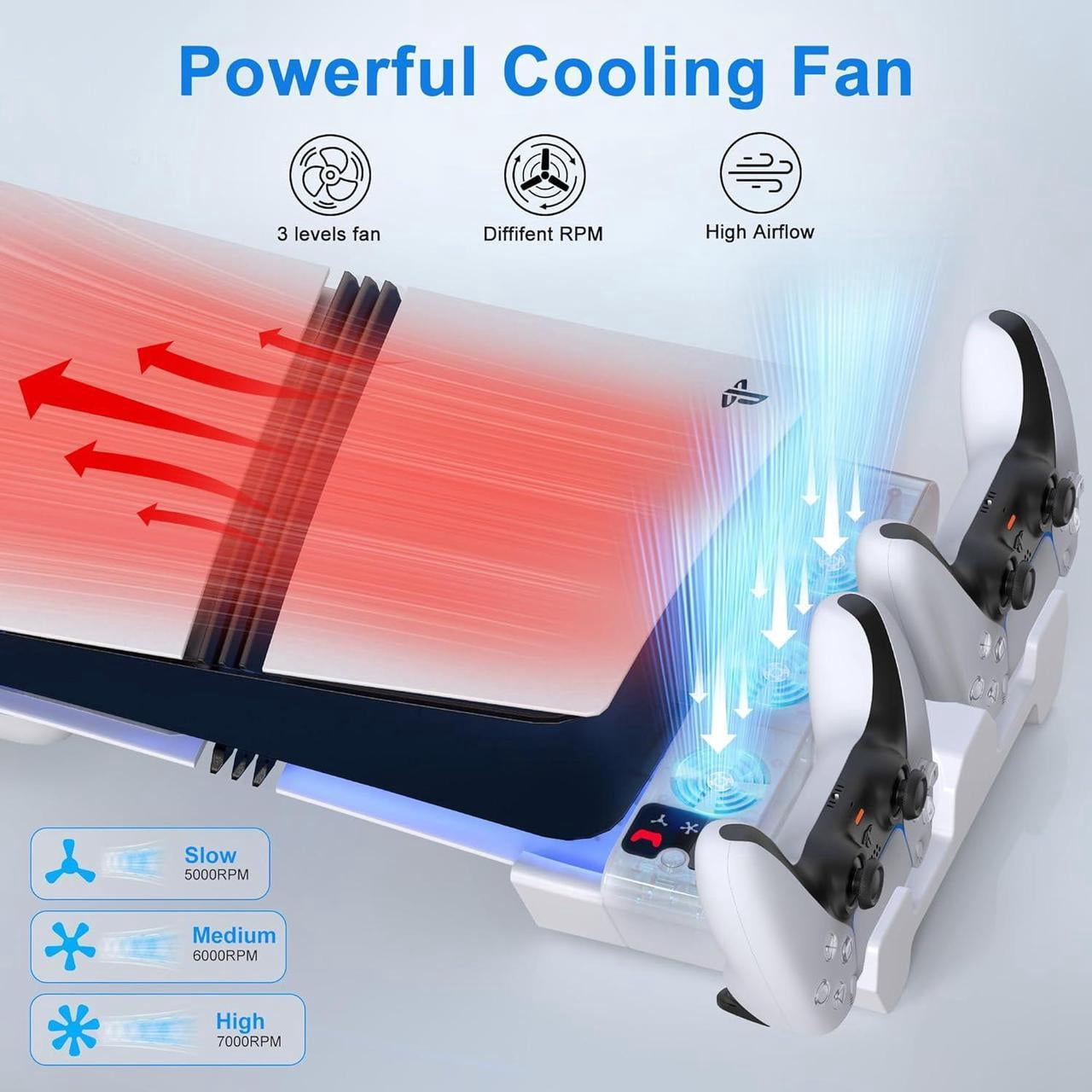 Horizontal Cooling Station for PS5 Slim/Pro Disc/Digital Edition with Controller Charger, 3-Level Cooling Fan Station Stand for PlayStation 5 Slim/Pro Console (NOT Fit 2020 PS5)