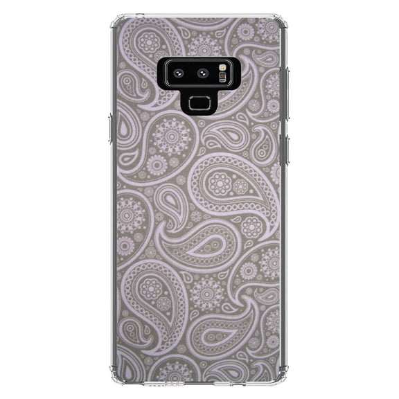 DistinctInk Clear Shockproof Hybrid Case for Samsung Galaxy Note 9 - TPU Bumper, Acrylic Back, Tempered Glass Screen Protector - Grey Black Paisley