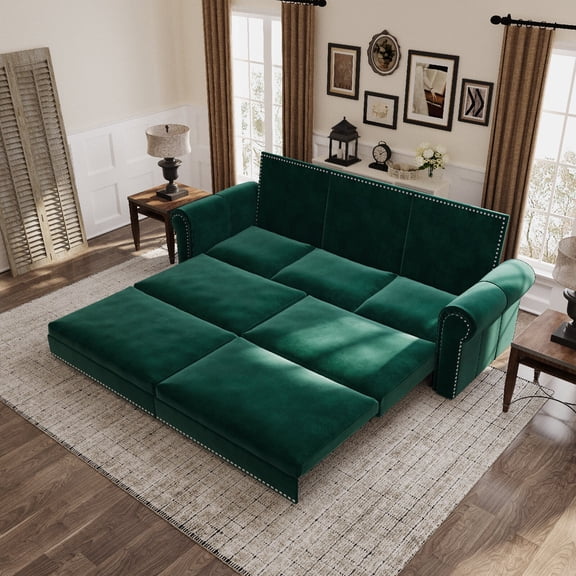93.7"Pull Out Chesterfield Sofa Couch,3-in-1 Velvet Convertible Sleeper Sofa with Nailhead Trim and Rolled Arm, Multi-Functional Sofa Bed for Living Room,Bedroom, Green