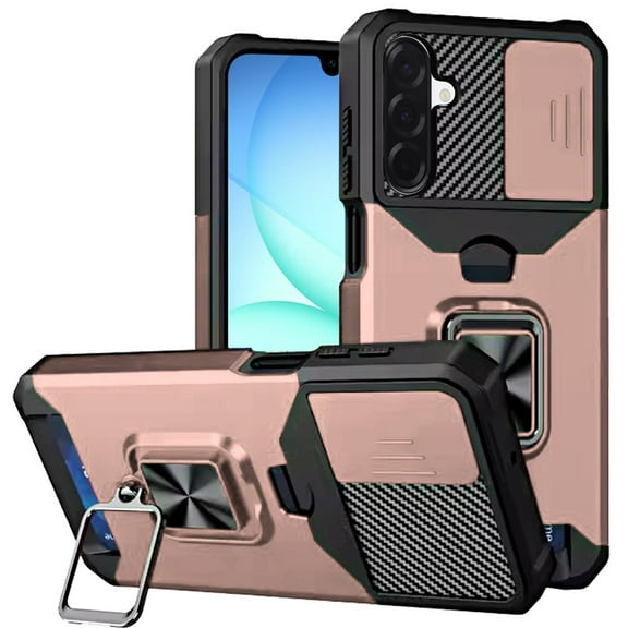 For Samsung A17 5G Multi-Functional Card Magnetic Ring Stand Hybrid Camera Case Cover - Rose Gold