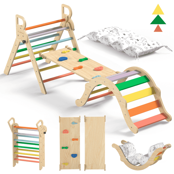 BlueWood Pikler Triangle Set 8-in-1 Foldable Wooden Indoor, Ages 6 Months to 6 Years, Multicolor, 150 lb Max Load, 4-Piece