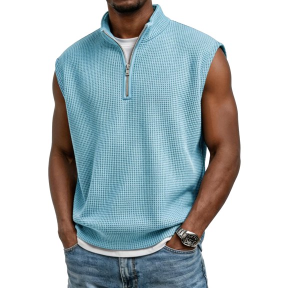 LTTVQM Mens Waffle Cut Off Shirts 2026 Quarter Zip Pullover Tank Tops Summer Casual Gym Muscle Sleeveless Shirts Sky Blue XL