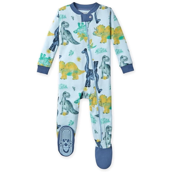 Burt's Bees Pijama para bebé y niño, con cierre frontal, antideslizante, unisex, algodón orgánico, Amigos Mega Dino, 12 meses