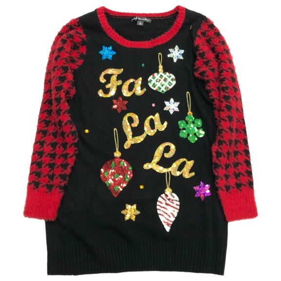 Womens Black & Red Sequin Embellished Fa La La Long Tunic Holiday Sweater XXL
