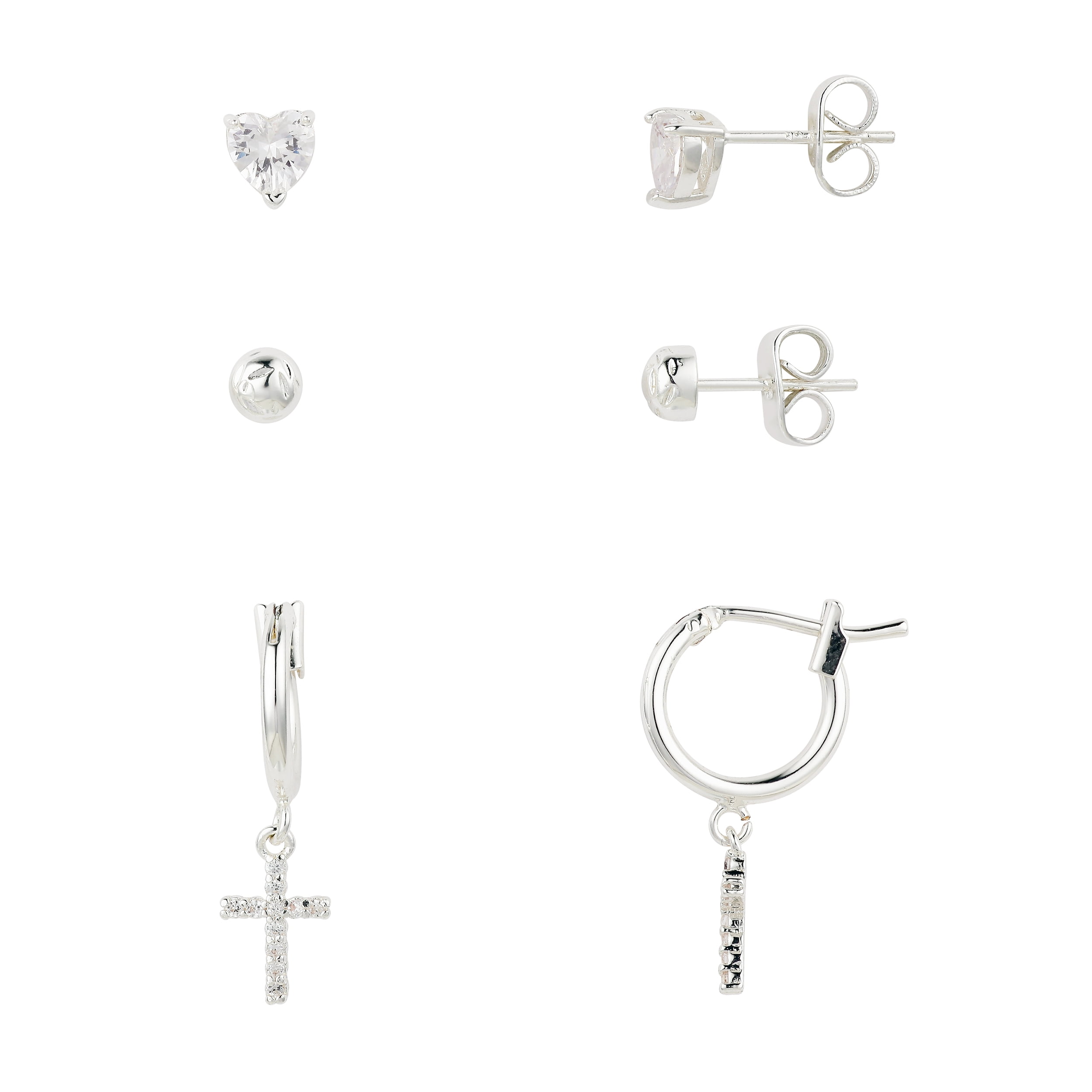 Fine Silver Plated Cubic Zirconia Cross Hoop Earring Trio