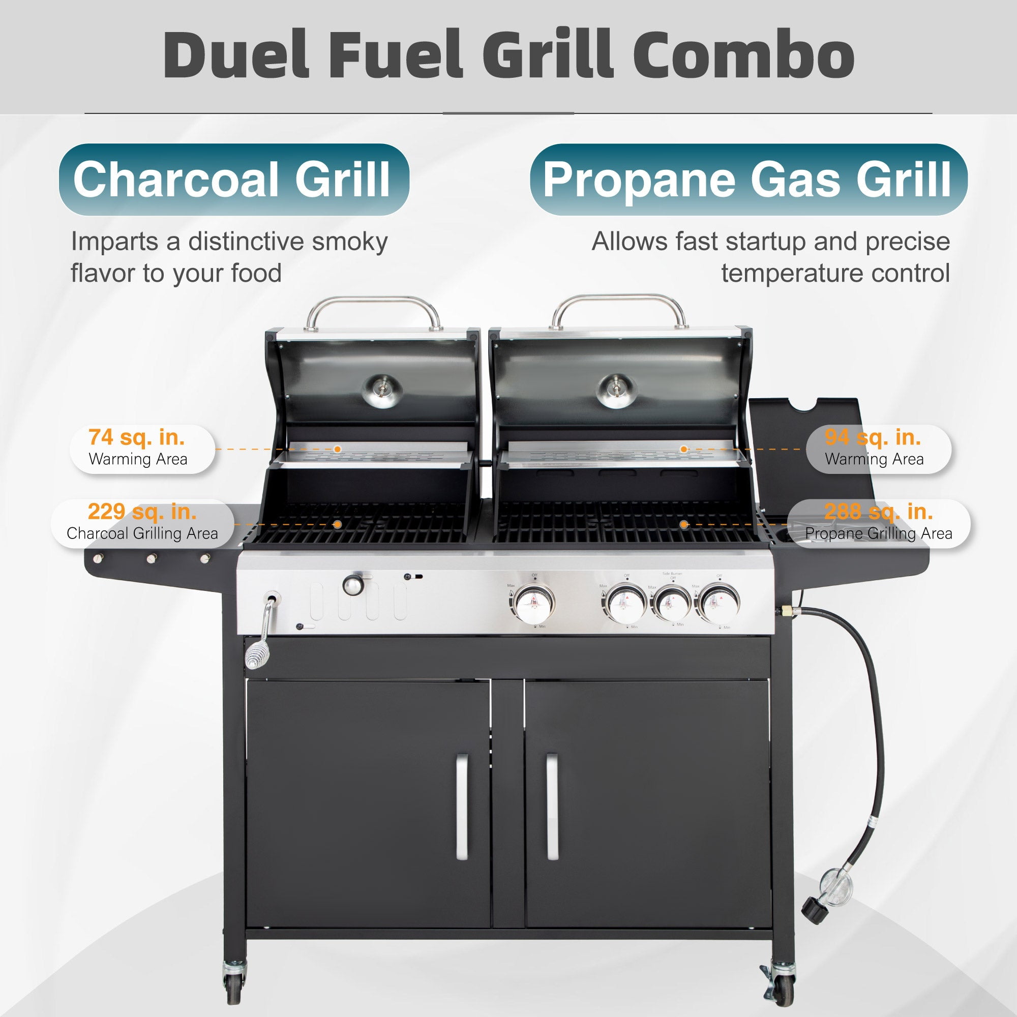 Alpha Joy Dual Fuel Gas and Charcoal Grill Combo with 3 Burners and Side Burner