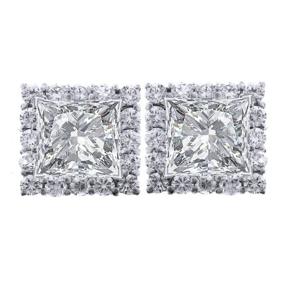AFFY 14K Solid White Gold Princess Cut Natural Diamond Halo Earring Jackets Stud Earrings (1.25 Ct)