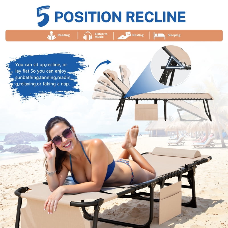 Vineego Folding Chaise Lounge Chair with Face Hole for Tanning, 5-Position Adjustable Textilene Outdoor Sunbathing Chair, Face Down Patio Pool Lounge Chair with Side Pocket & Pillow, Beige