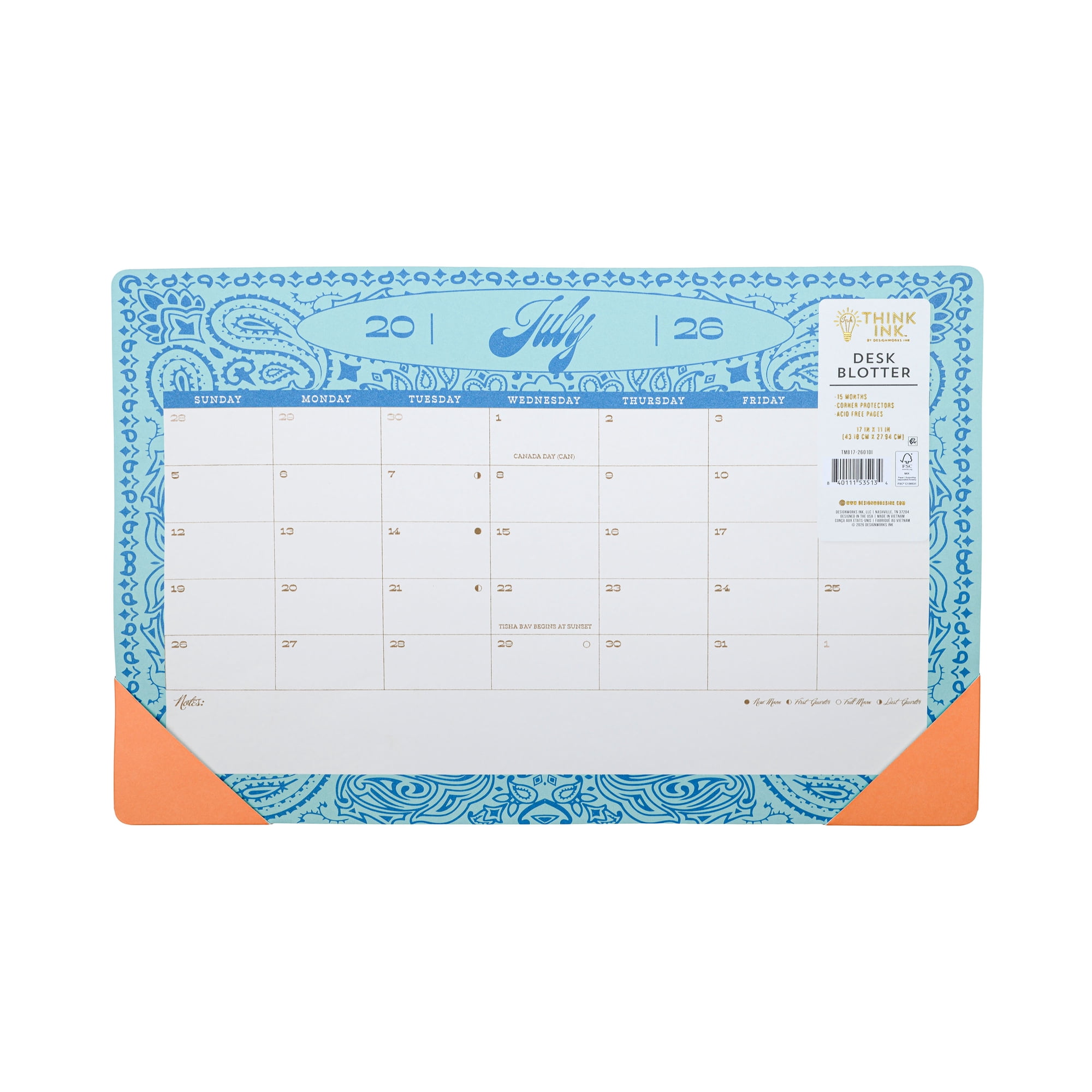 Think Ink 15 Month Desk Blot 17" x 11" Bandanna Calendar July 2026 - Sept 2027