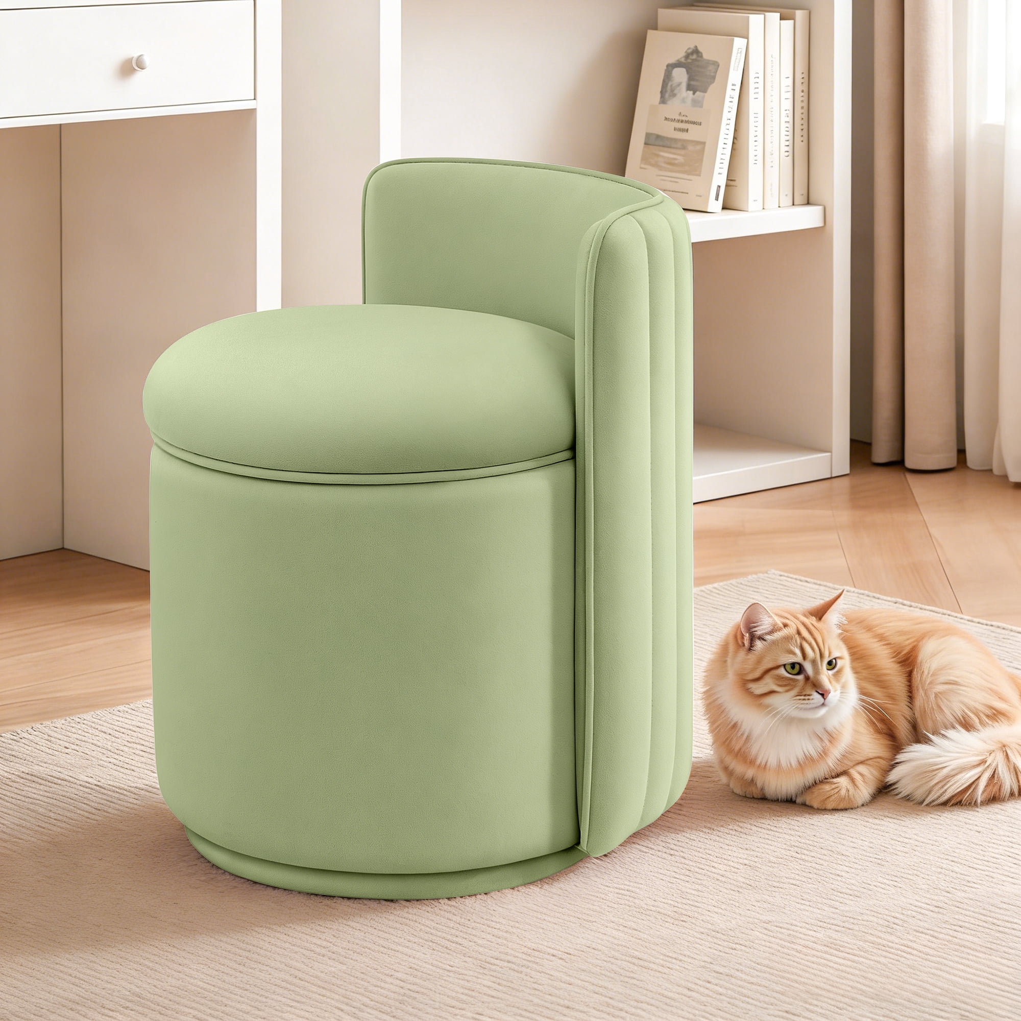ATHOPE Vanity Chair with Storage, Velvet 360° Swivel Chair with Back, Modern Round Upholstered Bedroom Chair, Comfy Makeup Chair for Dressing, Living Room, No Assembly Required, Green