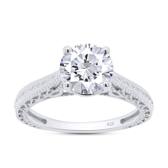 AFFY 1.50CT Moissanite Diamond Antique Vintage Leaf Pattern Shank Solitaire Engagement Ring 14k White Gold over Silver-4