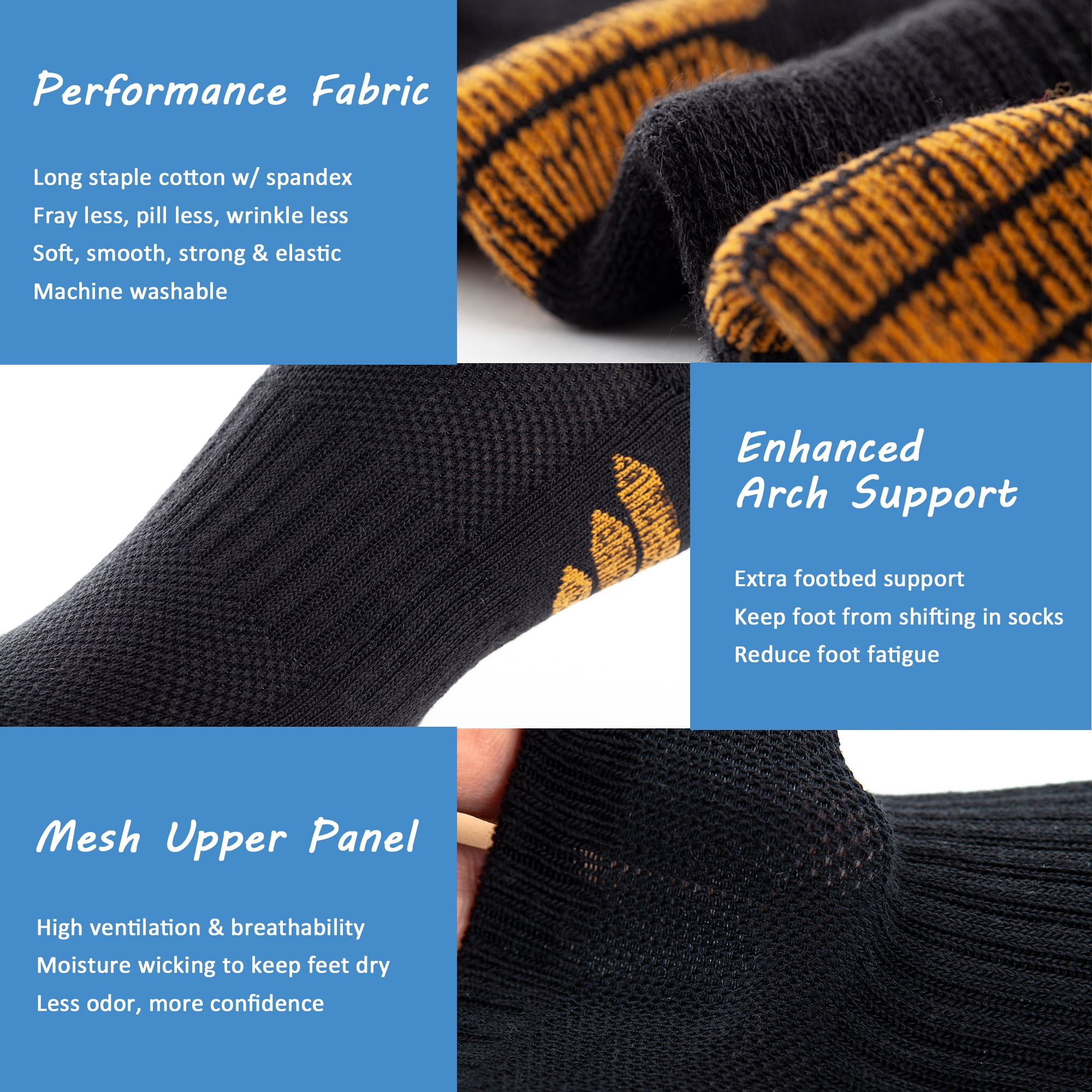 UI U&I Socks Men's Performance Athletic Low Cut Ankle Socks 6 Pairs Cushion Cotton Socks with Tab Black 12-15