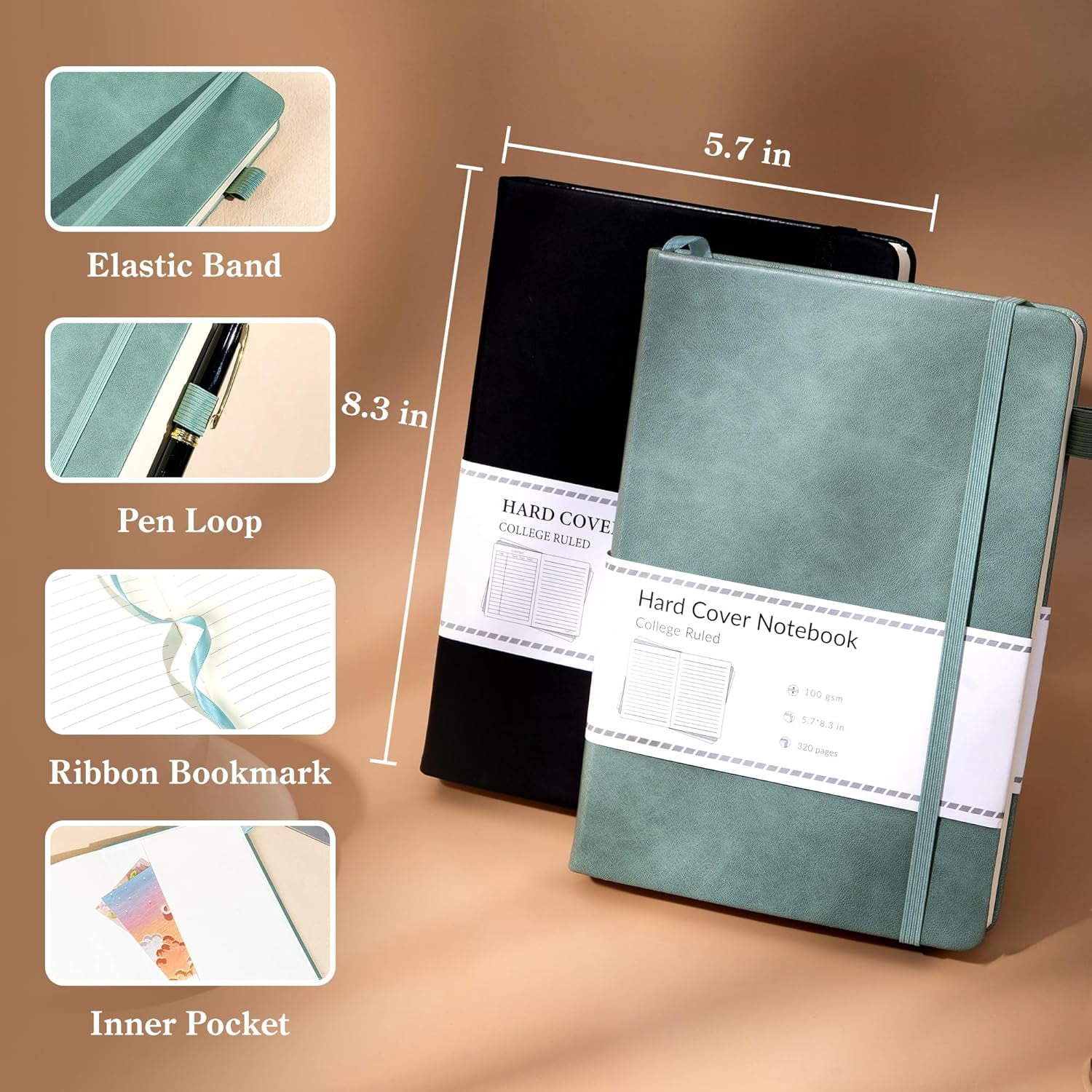 2 Pack Notebooks Journals for Women Men Hardcover A5 Journaling Notebooks Leather Journals for Writing Thick Journal Supplies Diary, Green& Black