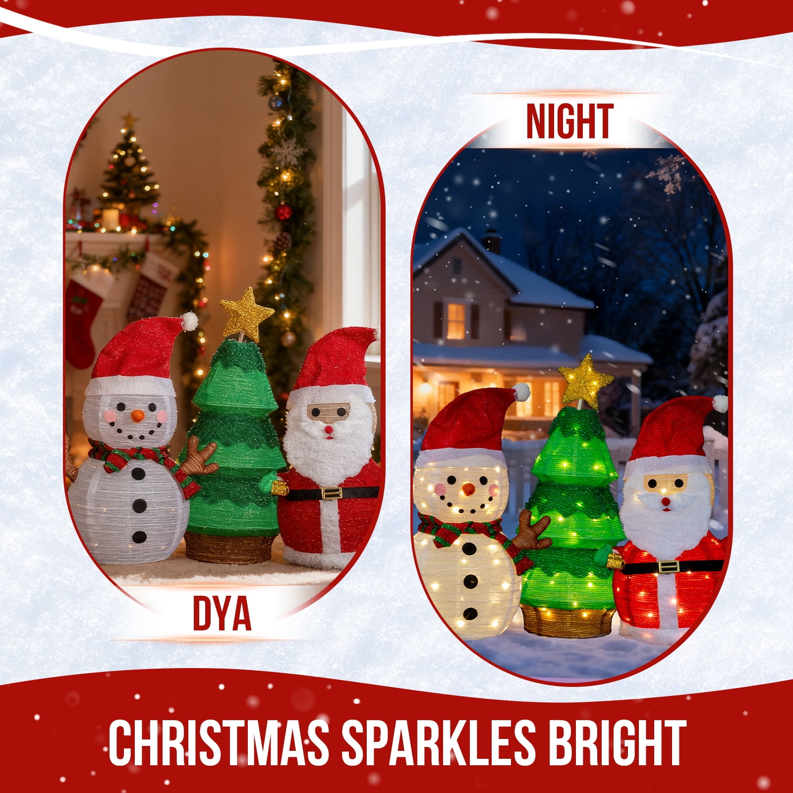 Astoutdoor Set of 3 Lighted Christmas Decorations, Santa, Snowman, and Tree, Pre-Lit with 150 Warm White LED Lights, Indoor Outdoor Holiday Display