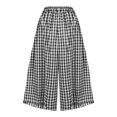 thumbnail image 2 of Wide Leg Cropped Pants for Women New Womens Wide Leg Capris, Elastic Waist Plaid Culottes Pants Summer Cute Comfortable Cropped Trousers with Pockets Black M, 2 of 5