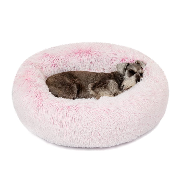 Regency Heights Donut Dog Bed Faux Fur Fluffy Calming Sofa For Medium Dogs, Soft Plush Anti Anxiety Pet Couch For Dogs, Machine Washable Pet Bed with Non-Slip Bottom, 30"x30"x7", Pink