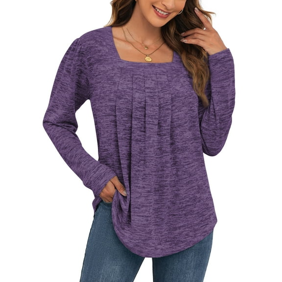 ANYJOIN Womens Long Sleeve Tunic Tops Pleated Square Neck Casual Loose Fit Blouse Shirt