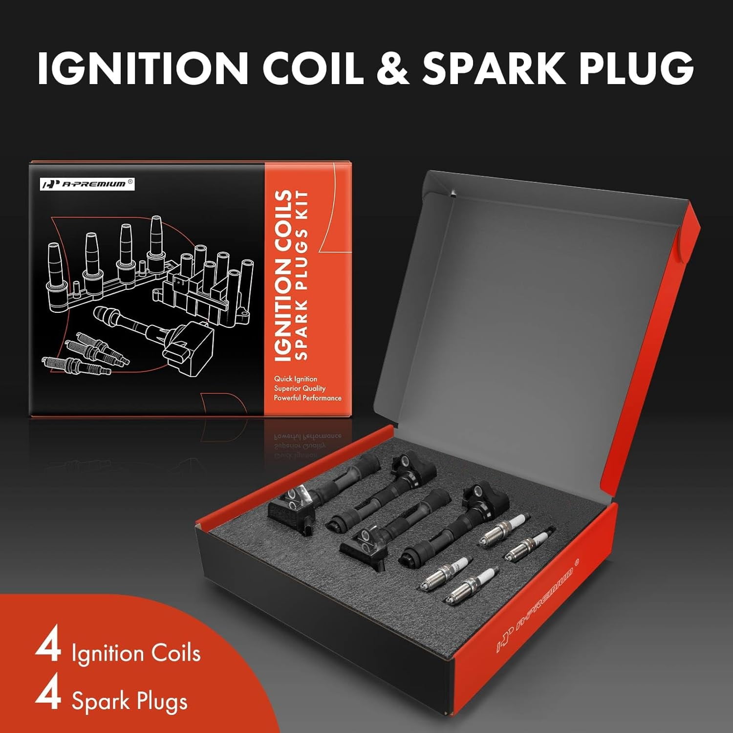 A-Premium Set of 4 Ignition Coil Pack and Iridium Spark Plugs Compatible with Volvo XC60 2015-2020, XC90 2016-2020, S60 2015-2020, XC40 2019-2020, S80 2016, S90 2017-2020, V60, V90, XC70, 2.0L