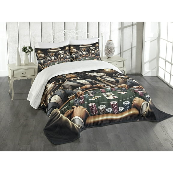 Ambesonne Dog Quilted Bedspread Set 3 Pcs, Funny Gentleman Animals Suits, King Size, Brown Dark Green Grey