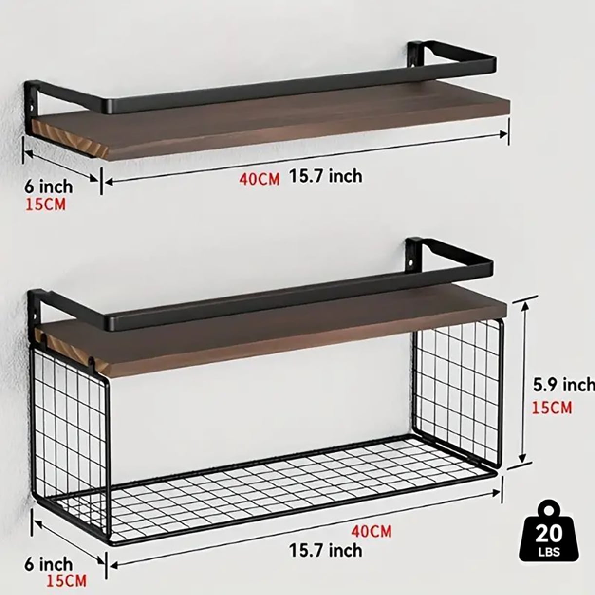 Floating Shelves with Wire Storage Basket, Bathroom Shelves Over Toilet, Set of 2