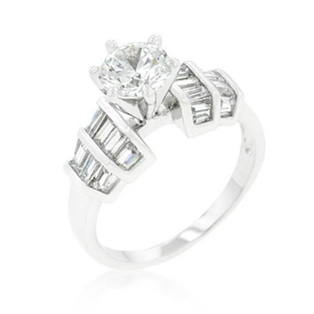 - Genuine Rhodium Plated Engagement Ring with Tapered Baguettes Bar Set Around 1.7 Carat Center Stone in Silvertone - Size 5