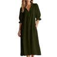 thumbnail image 2 of VBVC Women's Ruffled V Neck Puff Sleeve Maxi Dress , Summer Loose Flowy Beach Long Dress For Women , Ladies' Elbow Sleeve Relaxed Fit Dress with Pockets,Army Green,S-2XL, 2 of 8