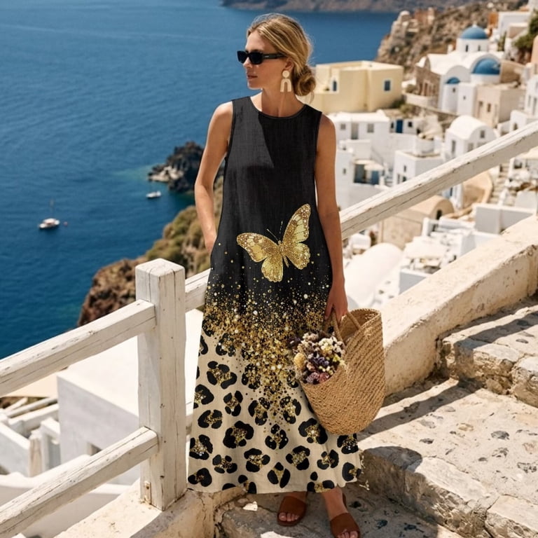 Jiueut Golden Butterfly Leopard Print Sleeveless Crewneck Spring Summer Maxi Dresses for Women Linen Look Sleeveless Tank Dress Breathable Casual