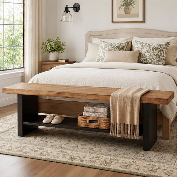 Fnova 2-Tier Solid Wood Bench with Shoe Storage, 55" Farmhouse Entryway Bench for Bedroom, Black & Brown