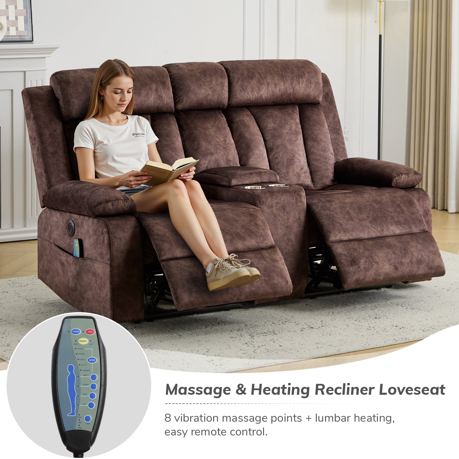 Power Recliner Loveseat Sofa with Console Storage, Heat & Massage, Reclining Sofa Couch with Cup Holders, USB & Type-C Ports, Dutch Velvet Recliner Couch for Living Room, RV,Office,Apartment