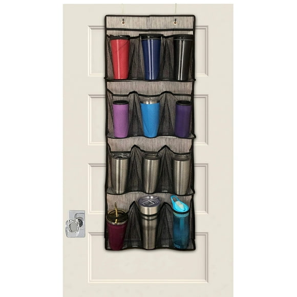 Jokari Over The Door Hanging Water Bottle and To go coffee Tumbler Organizer Organize Kids Sippy cups and Lids and Standard Sized Travel Mugs or cups Saving Kitchen cupboard, counter or Pant