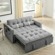 KAMIDA 55.5" Convertible Sofa Bed, Velvet Loveseat Sofa with Pull Out Sofa Bed, Sleeper Sofa Couch for Living Room Office, Futon Sofa Bed With Adjustable Backrest and Lumbar Pillows, Grey