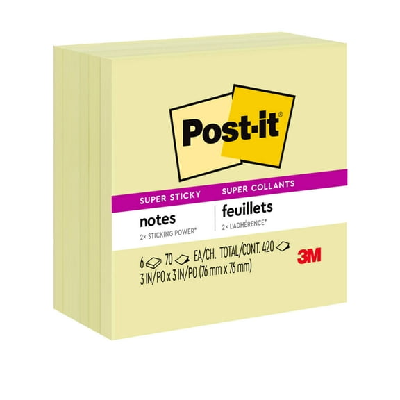 Post-it® Super Sticky Notes, 3 in x 3 in, Canary Yellow, 6 Pads/Pack